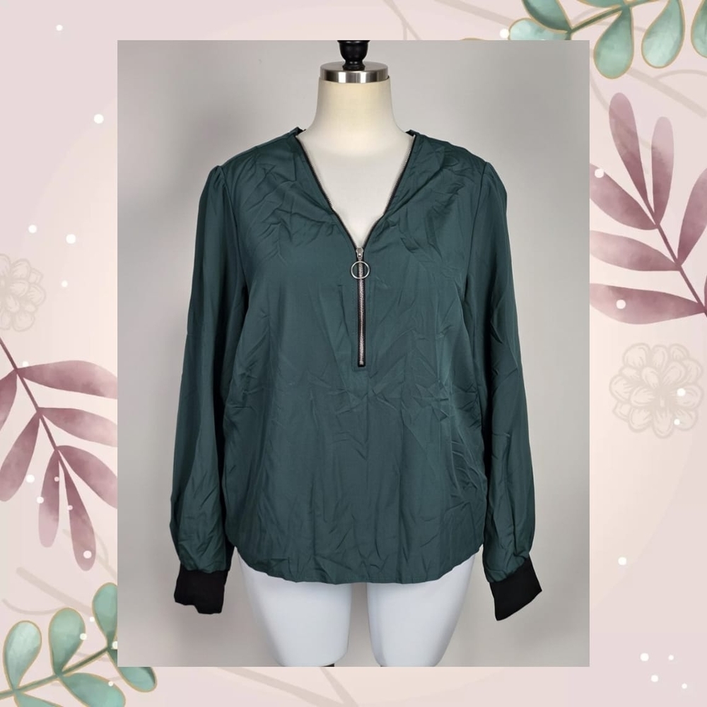 SHEIN Dark Green Zip-Up Blouse
